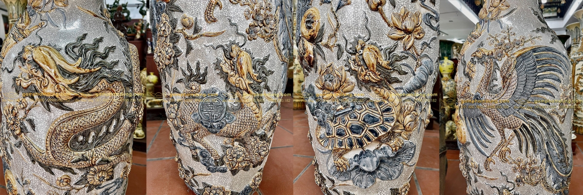 Lộc Bình men rạn Tứ Linh Long Lân Quy Phụng đắp nổi Bát Tràng Lộc Bình men rạn Tứ Linh Long Lân Quy Phụng đắp nổi Bát Tràng
