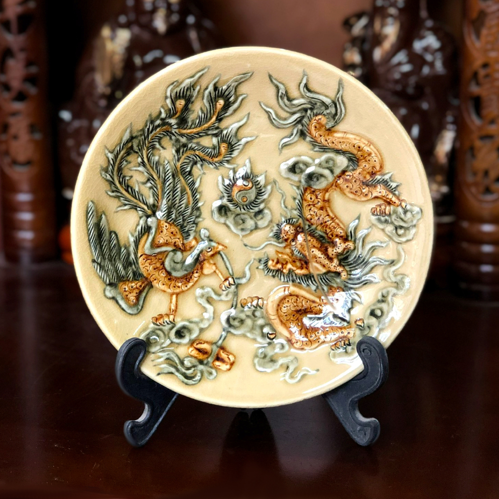 Mâm bồng rồng đồ thờ cúng đắp nổi men rạn bóng vàng phi 20/23/25/27/30