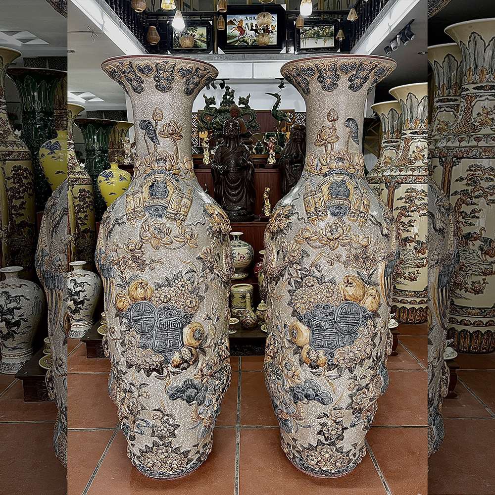 Lộc bình tứ linh men rạn gạo nếp
